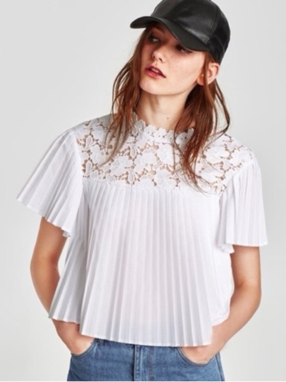 Zara Lace Yoke Pleated Flutter Sleeve White Blouse XS